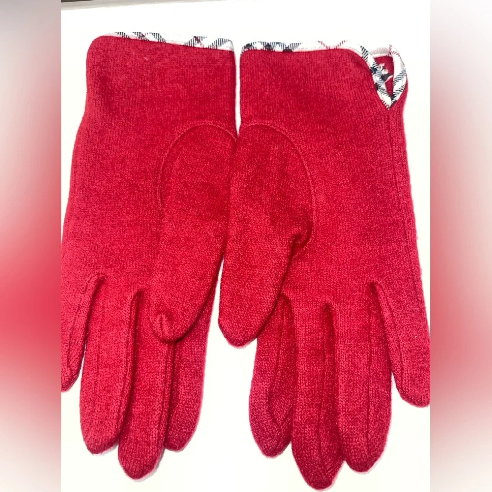 Burberry Wool Women’s Gloves Nova Check Logo Embroidery Red O/SFM - Picture 7 of 12